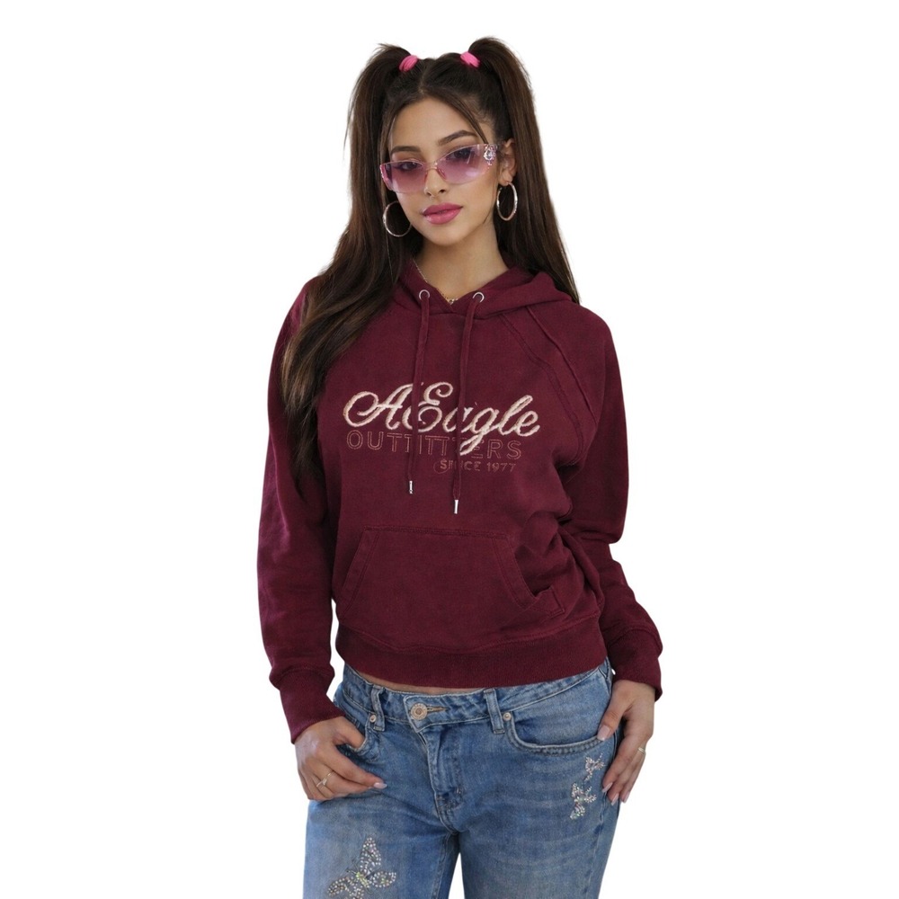American Eagle Outfitters Y2K Burgundy Embroidered Hoodie Sweatshirt Size M